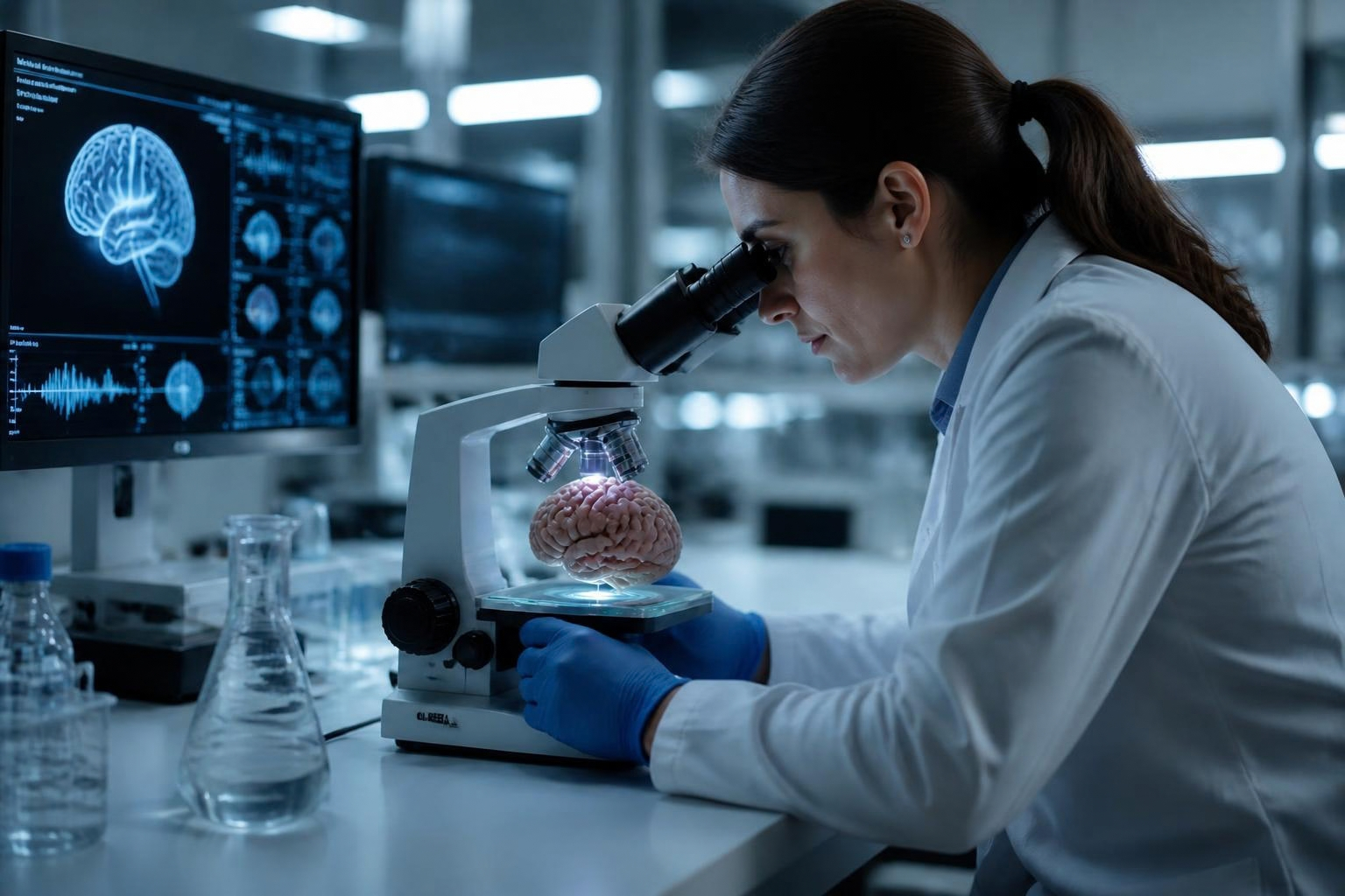 En la imagen se ve a una científica en un laboratorio mirando por un microscopio un cerebro rosa
